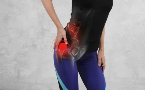 Donna con dolore alle anche e alle gambe, evidenziato da cerchi rossi sull'anca.