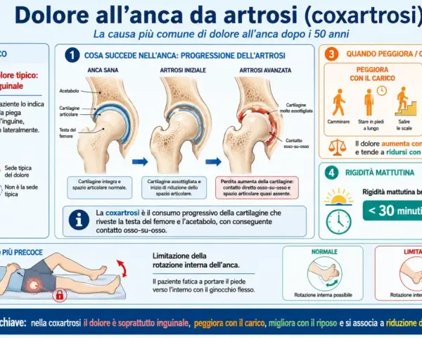 Dolore all'anca da artrosi: peggiora con il carico, migliora con il riposo. La coxartrosi causa dolore inguinale e limita la rotazione interna.