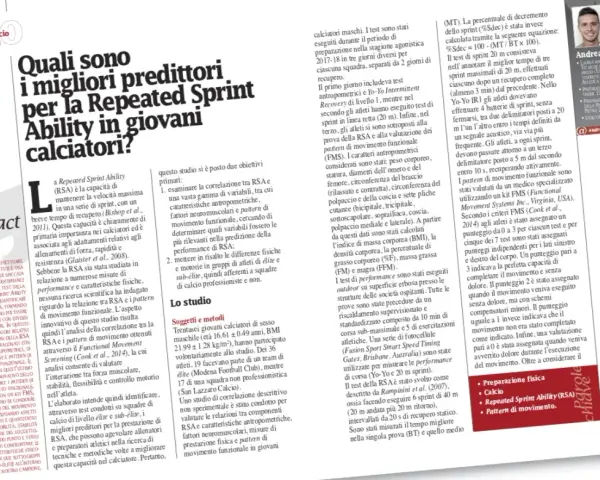 Studio sui predittori della Repeated Sprint Ability (RSA) nei giovani calciatori, analizzando correlazioni con parametri fisici e di movimento.