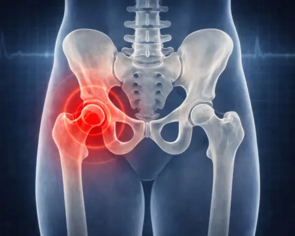 Illustrazione anatomica del bacino con evidenziata la coxalgia all'anca sinistra, indicando dolore e infiammazione.
