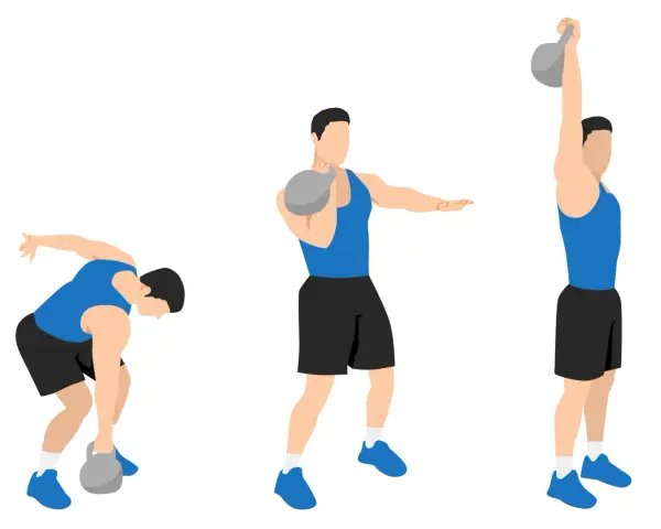 Uomo esegue un kettlebell clean: inizia piegato, solleva il peso al petto e poi lo estende sopra la testa.