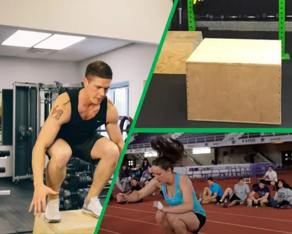 Uomo e donna si allenano con il box jump in palestra e in pista.