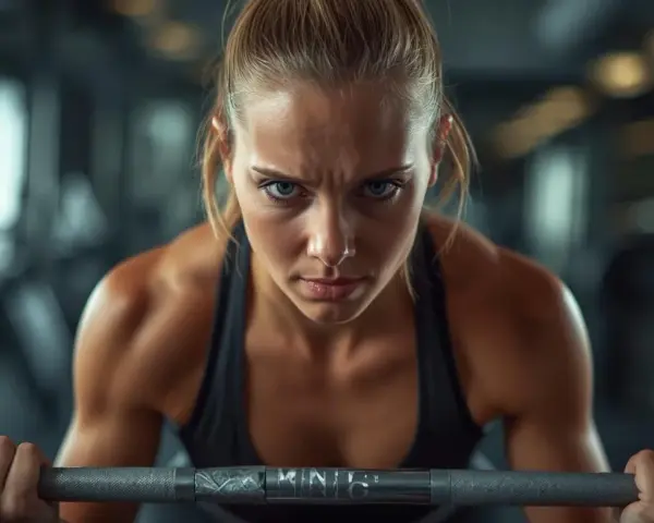 Donna determinata in palestra, con sguardo intenso, solleva un bilanciere. La sua espressione incarna la vera essenza di cosa sia l'endurance.