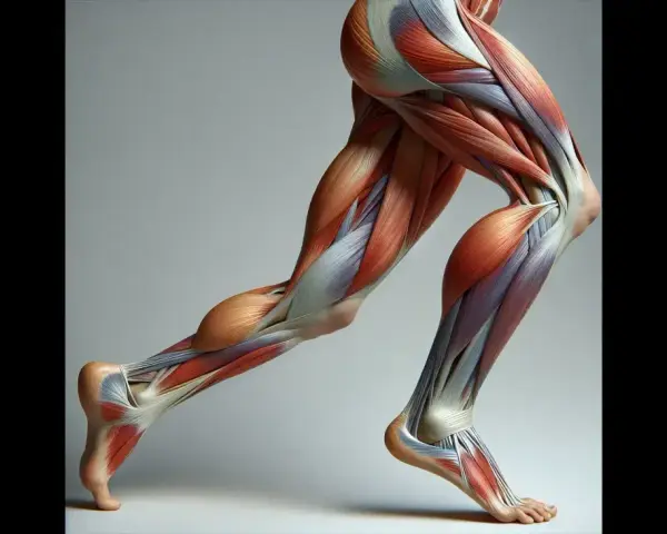 Muscolatura della gamba in movimento, evidenziando il tibiale anteriore, la sua origine e inserzione.