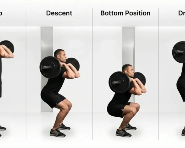 Uomo esegue front squat multipower: setup, discesa, posizione bassa e risalita.