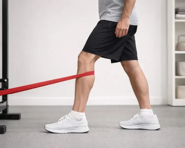 Uomo esegue esercizi per il vasto mediale obliquo con elastico rosso, rafforzando il ginocchio.