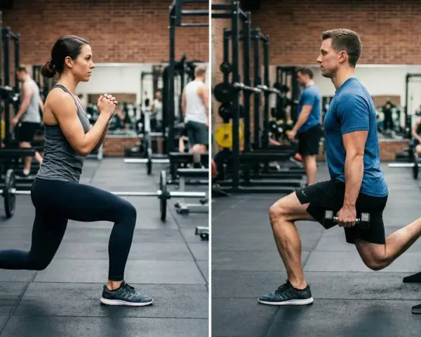 Uomo e donna in palestra eseguono esercizi per le gambe: lei fa uno split squat a corpo libero, lui uno split squat bulgaro con manubrio.