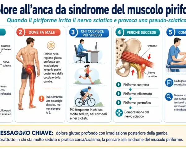 Dolori all'anca: il piriforme infiammato comprime il nervo sciatico, causando dolore profondo al gluteo e irradiazione alla gamba.