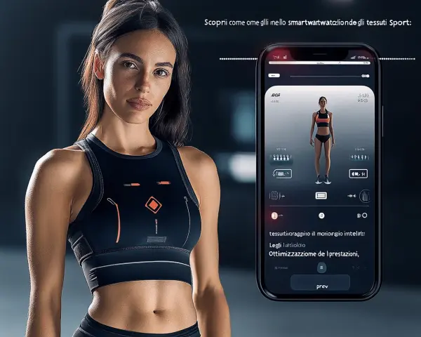 Donna sportiva con top tecnologico. Smartphone mostra app per monitorare prestazioni con tecnologie indossabili.