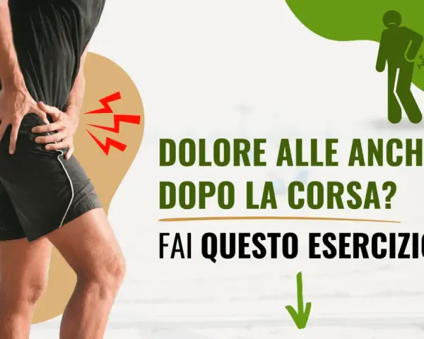 Uomo con dolore all'anca dopo la corsa. Icona di un corridore con mal di schiena. Testo: "Dolore alle anche dopo la corsa? Fai questo esercizio".