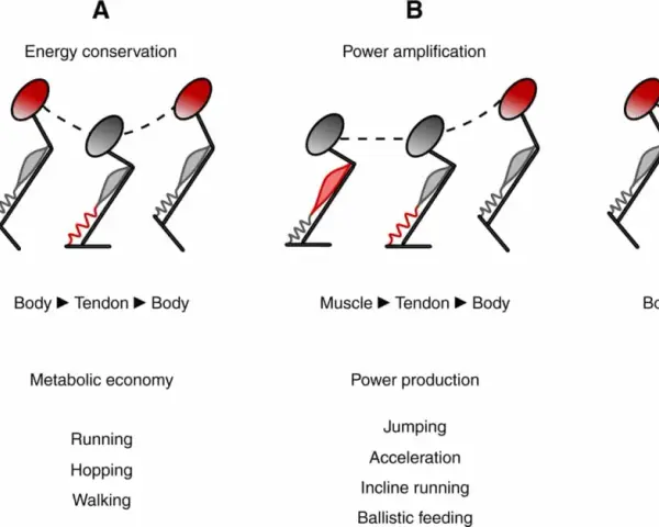 Diagramma illustra tre scenari di movimento: conservazione energia (Body-Tendon-Body), amplificazione potenza (Muscle-Tendon-Body) e attenuazione potenza (Body-Tendon-Muscle), correlati al **reactive strength index**.