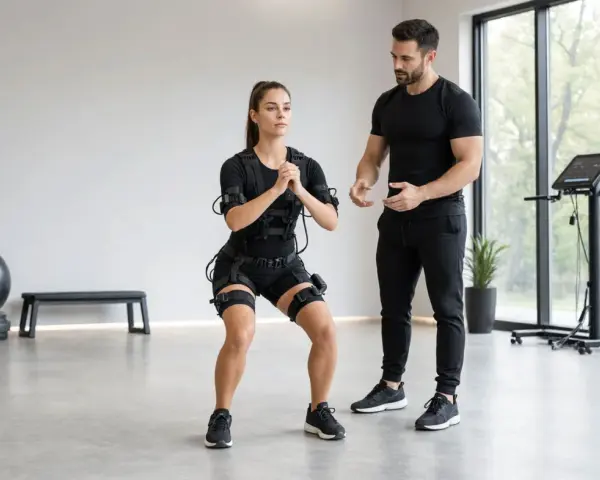 Donna in tuta EMS esegue squat con un trainer. Scopri i benefici dell'allenamento isometrico per un corpo tonico.