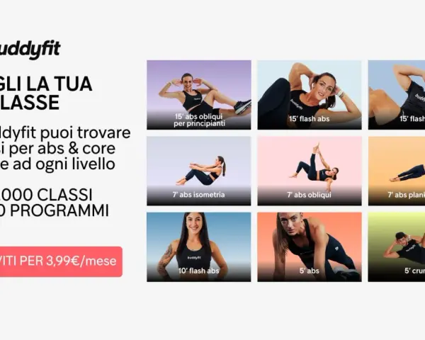 Buddyfit offre oltre 1000 classi, inclusi 10 esercizi addominali per ogni livello. Iscriviti per 3,99€/mese.