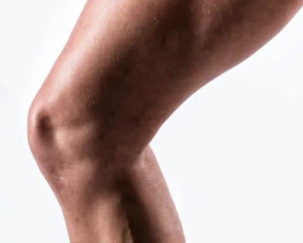 Gamba flessa, evidenziato il muscolo flessore della gamba e il ginocchio.