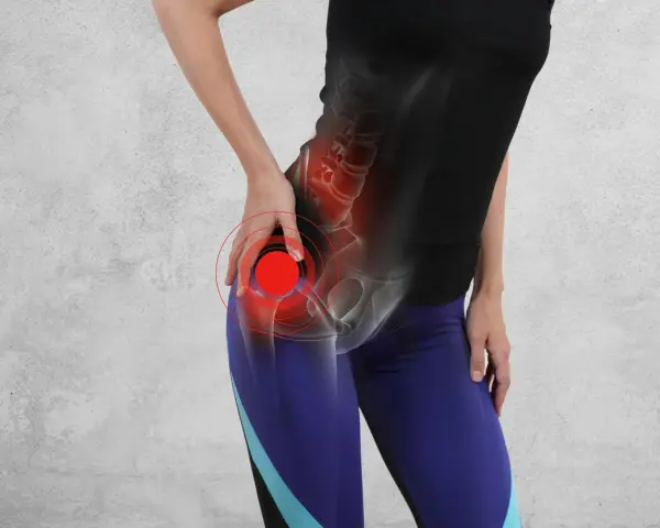 Donna con dolore alle anche e alle gambe, evidenziato da cerchi rossi sull'anca.