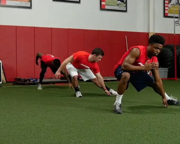 Giovani atleti in allenamento corsa calcio, eseguono esercizi di stretching e agilità su un campo sintetico.