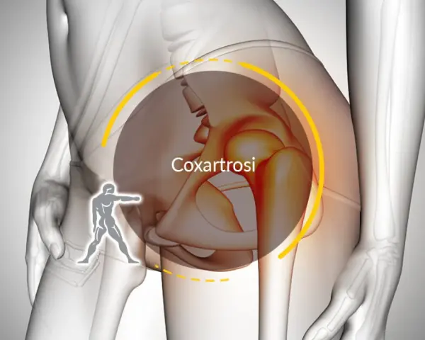 Illustrazione anatomica che evidenzia la coxartrosi, causa di dolore all'anca destra.