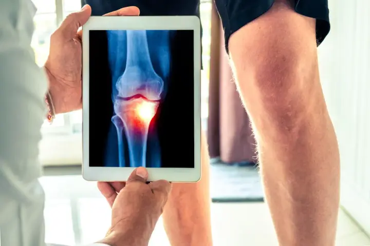 Medico mostra radiografia di un ginocchio con un'area infiammata, evidenziando un problema all'angolo q.