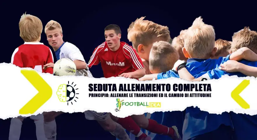 Allenamento pulcini calcio: giovani calciatori in azione, con un allenatore che li osserva. Focus su transizioni e cambio di attitudine.