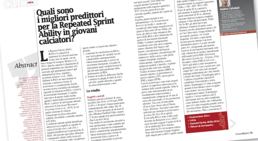 Studio sui predittori della Repeated Sprint Ability (RSA) nei giovani calciatori, analizzando correlazioni con parametri fisici e di movimento.