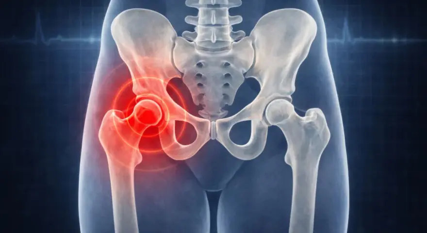 Illustrazione anatomica del bacino con evidenziata la coxalgia all'anca sinistra, indicando dolore e infiammazione.
