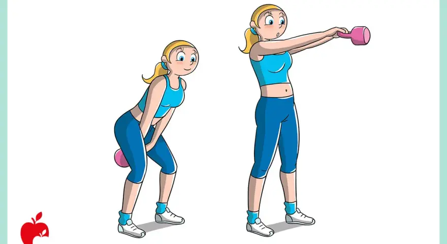 Donna esegue un affondo rumeno con kettlebell. Prima in posizione accovacciata, poi in piedi con il peso sollevato.