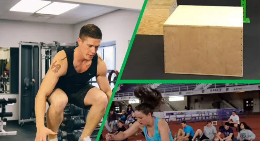 Uomo e donna si allenano con il box jump in palestra e in pista.