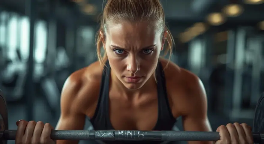 Donna determinata in palestra, con sguardo intenso, solleva un bilanciere. La sua espressione incarna la vera essenza di cosa sia l'endurance.