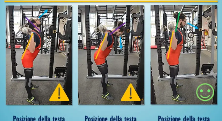 Squat: testa alta o bassa affaticano il collo. La posizione neutra allena correttamente schiena e gambe.