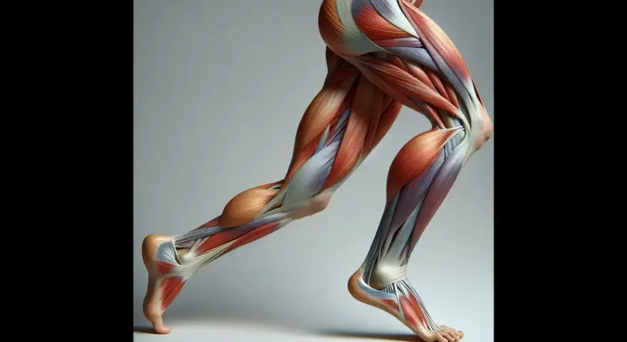 Muscolatura della gamba in movimento, evidenziando il tibiale anteriore, la sua origine e inserzione.