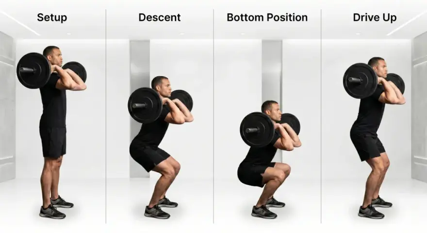 Uomo esegue front squat multipower: setup, discesa, posizione bassa e risalita.