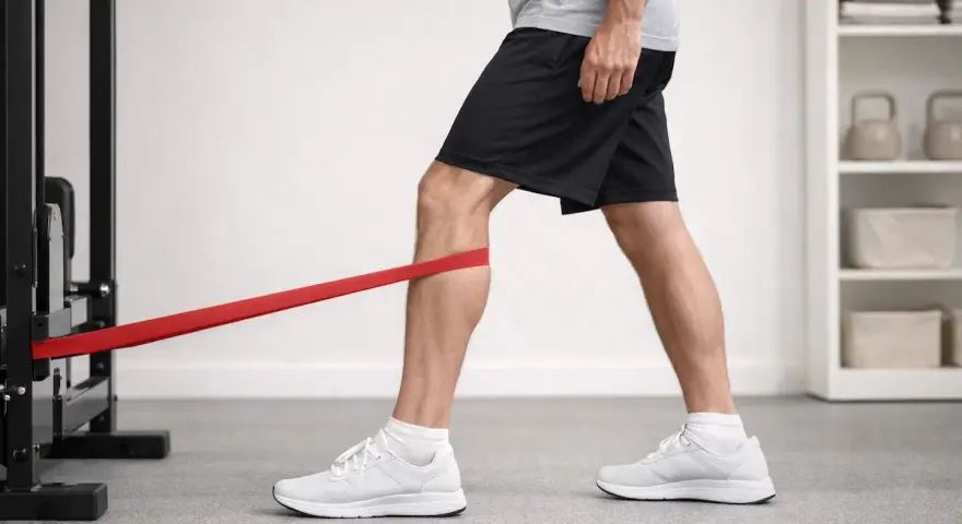 Uomo esegue esercizi per il vasto mediale obliquo con elastico rosso, rafforzando il ginocchio.
