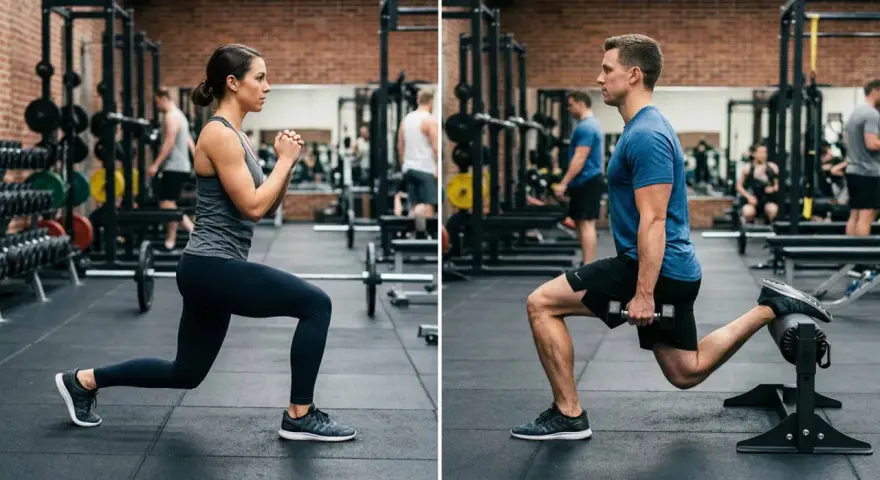 Uomo e donna in palestra eseguono esercizi per le gambe: lei fa uno split squat a corpo libero, lui uno split squat bulgaro con manubrio.