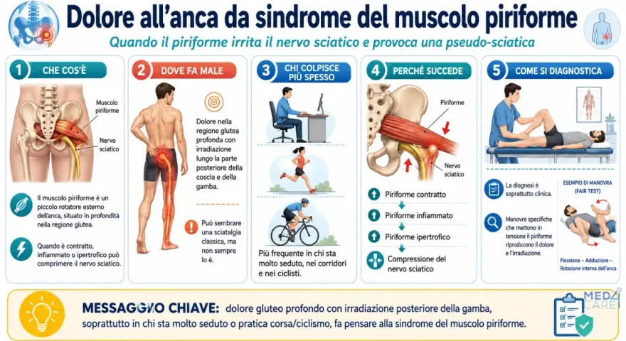Dolori all'anca: il piriforme infiammato comprime il nervo sciatico, causando dolore profondo al gluteo e irradiazione alla gamba.