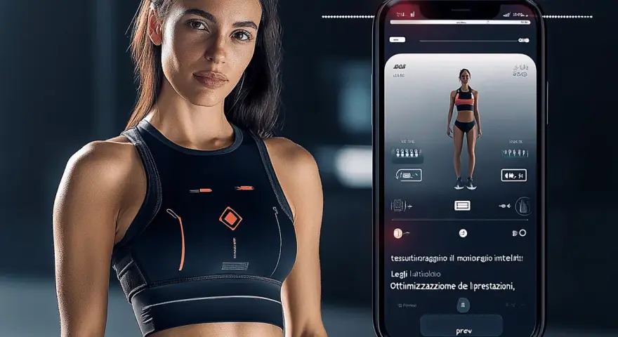 Donna sportiva con top tecnologico. Smartphone mostra app per monitorare prestazioni con tecnologie indossabili.