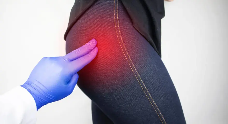 Medico esamina il **dolore all'anca sinistra e al gluteo**, evidenziato da un'area rossa.