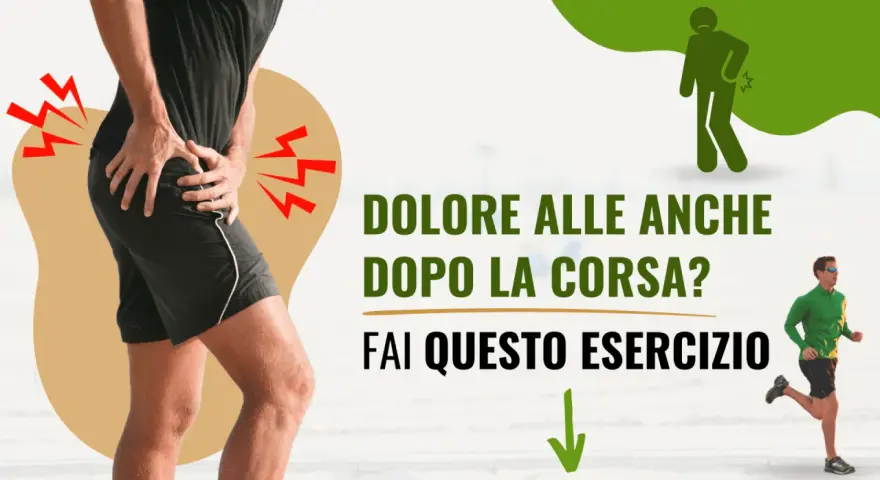 Uomo con dolore all'anca dopo la corsa. Icona di un corridore con mal di schiena. Testo: "Dolore alle anche dopo la corsa? Fai questo esercizio".