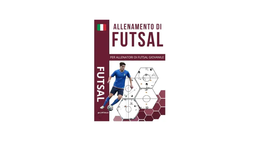 Allenamento di futsal per allenatori giovanili, con schemi di esercizi tattica calcio e un giocatore in azione.