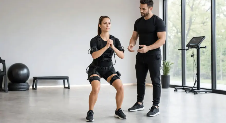 Donna in tuta EMS esegue squat con un trainer. Scopri i benefici dell'allenamento isometrico per un corpo tonico.
