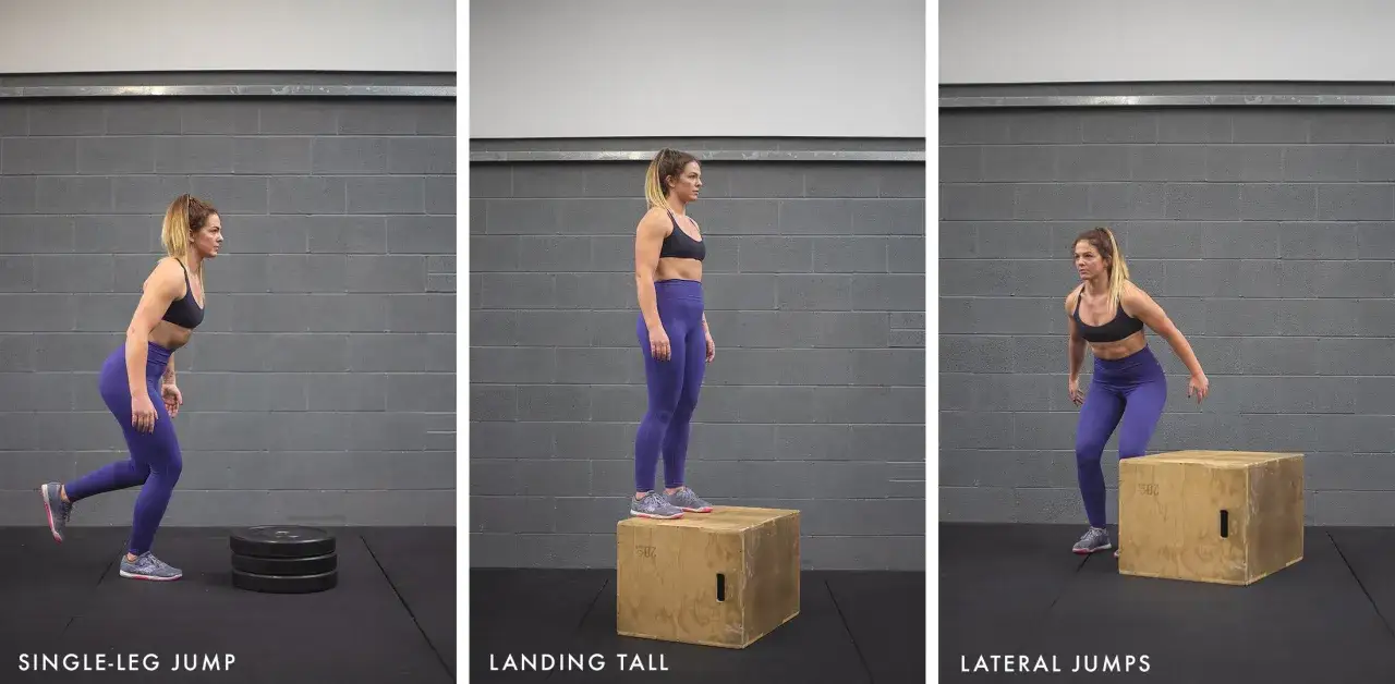 Donna esegue un box jump: un salto su un rialzo, un salto laterale e un salto su una gamba.