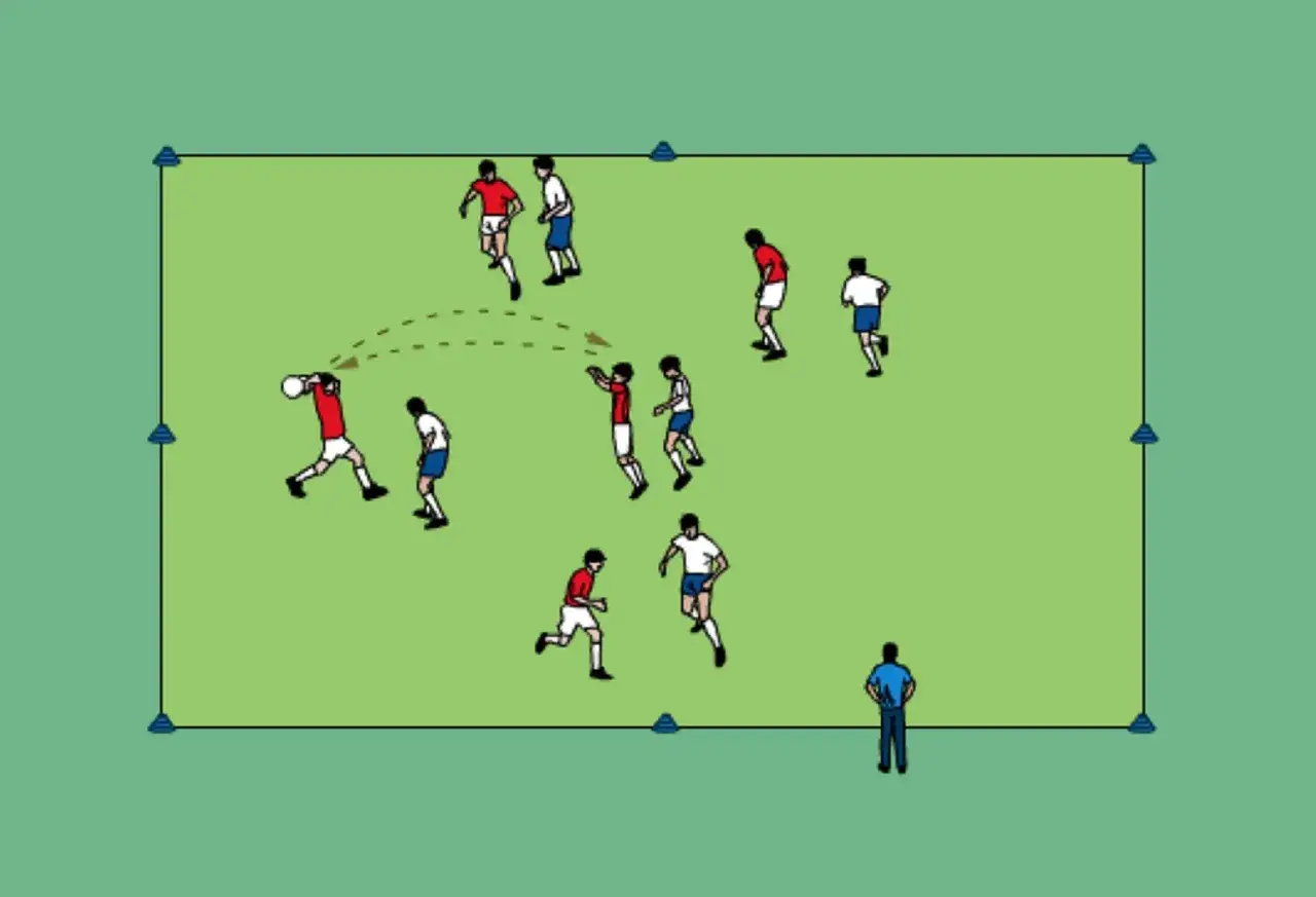 Esercitazione di pre-preparazione calcio giovanissimi: giocatori in campo con coni, uno lancia la palla, altri corrono e si muovono.
