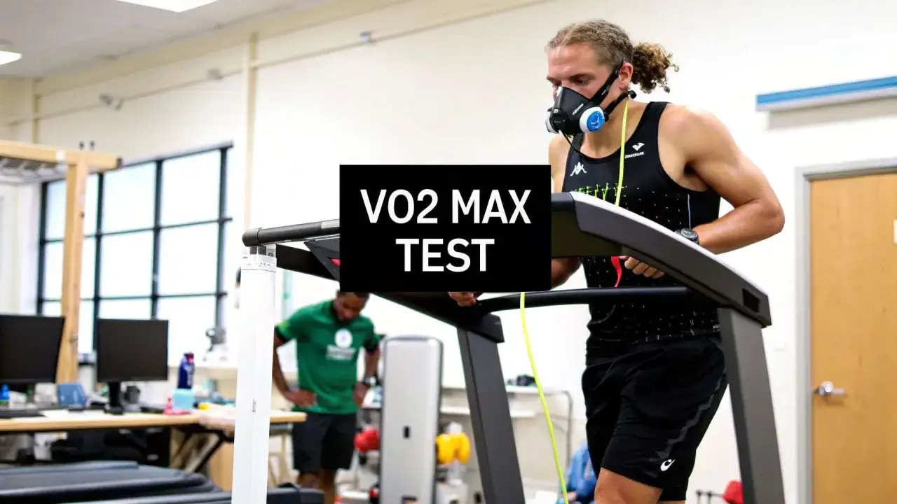 Atleta con maschera per test VO2 max su tapis roulant. Scopri cos'è il VO2 max e come migliorarlo.