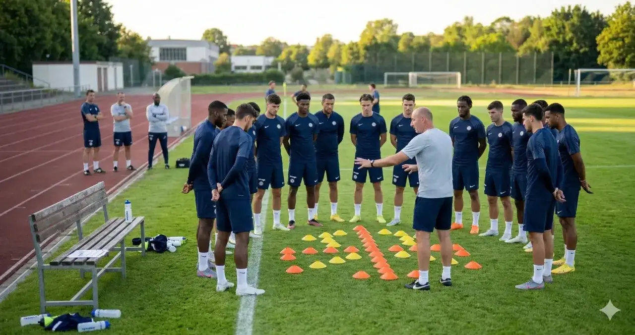 Allenamento tattico sul campo: un allenatore spiega schemi a una squadra di calciatori in cerchio, mostrando quanto si allenano i calciatori per la prossima partita.