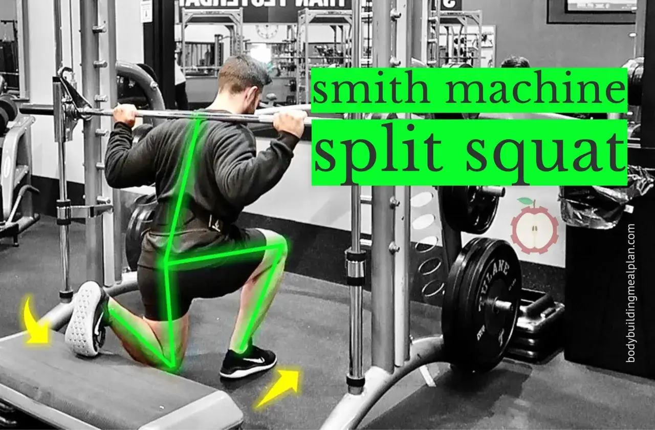 Uomo esegue split squat multipower nella palestra, con linee verdi che evidenziano la postura corretta.