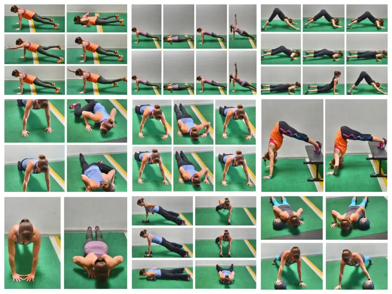 Esercizi di pish up con variazioni: plank, piegamenti a terra, con pesi e palla medica.