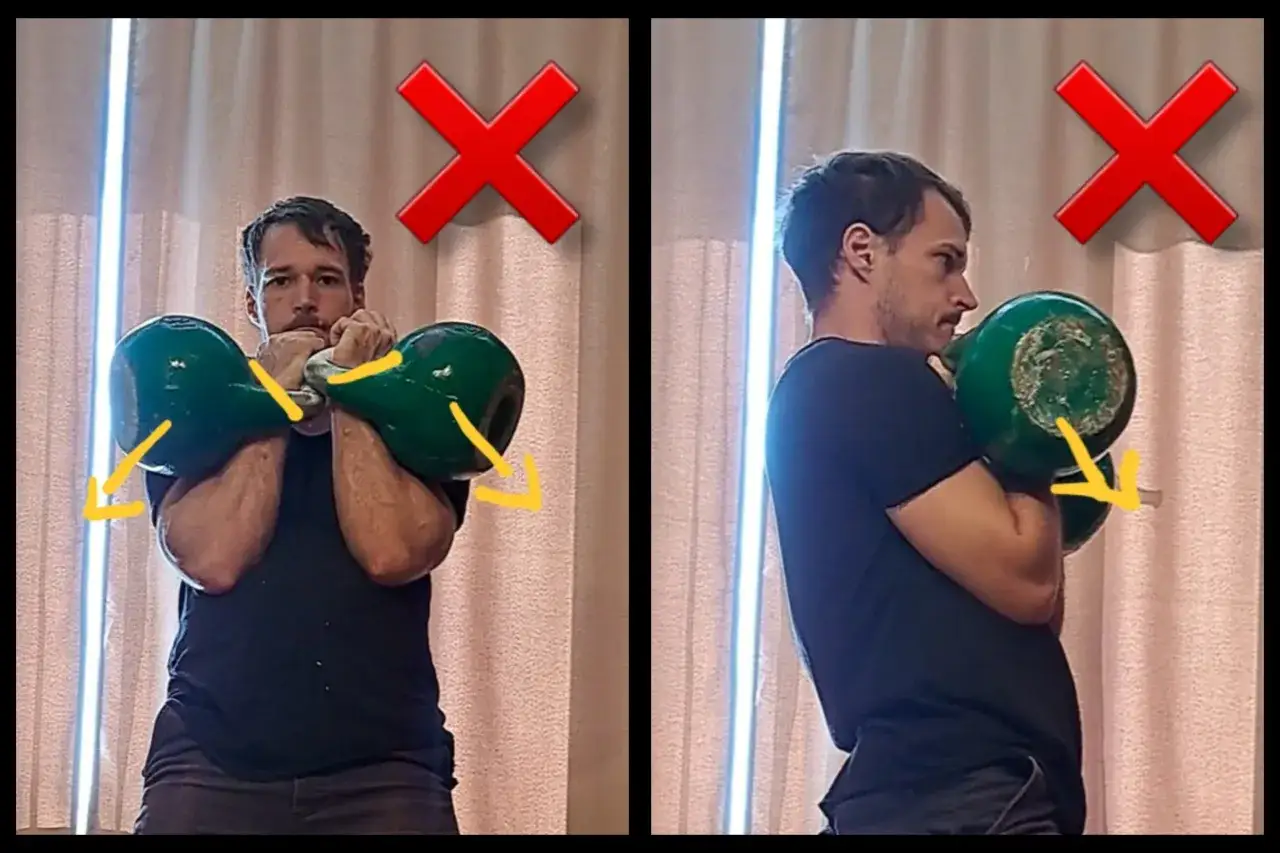Uomo che esegue un kettlebell clean, con indicazioni visive su come posizionare correttamente le braccia e il kettlebell.