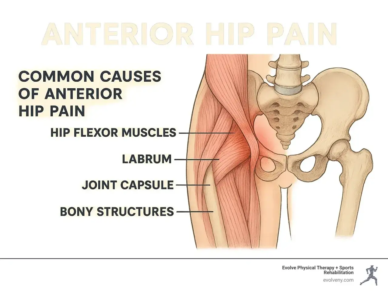 Anatomia dell'anca che illustra i dolori all'anca come si manifestano: muscoli flessori, labbro, capsula articolare e strutture ossee.