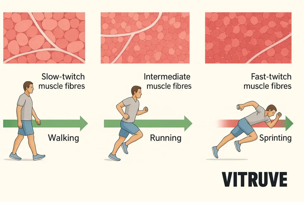 Illustrazione mostra diversi tipi di test fibre muscolari: lente per camminare, intermedie per correre e veloci per sprintare.
