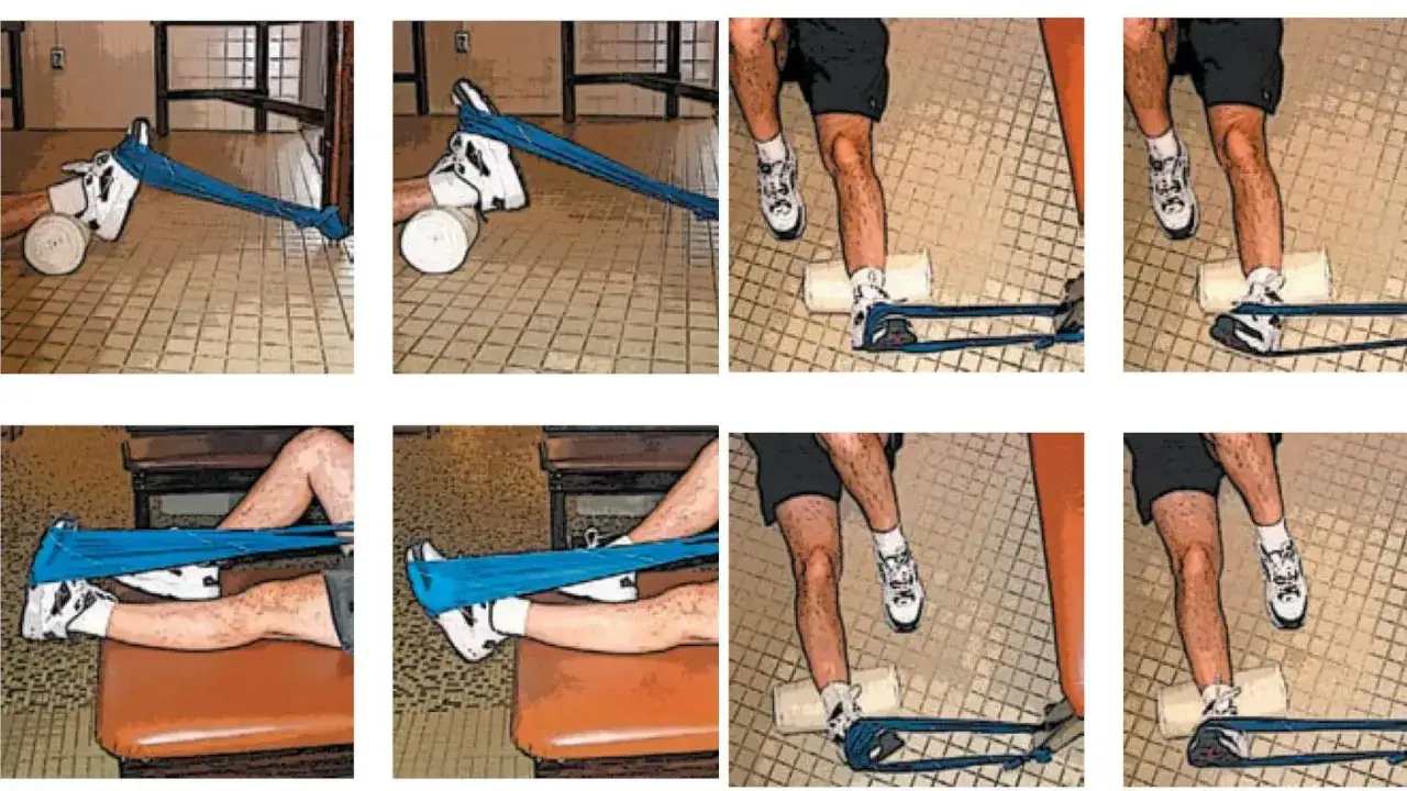 Esercizi con elastico per la riabilitazione della distorsione tibio tarsica, con movimenti di flessione e inversione del piede.
