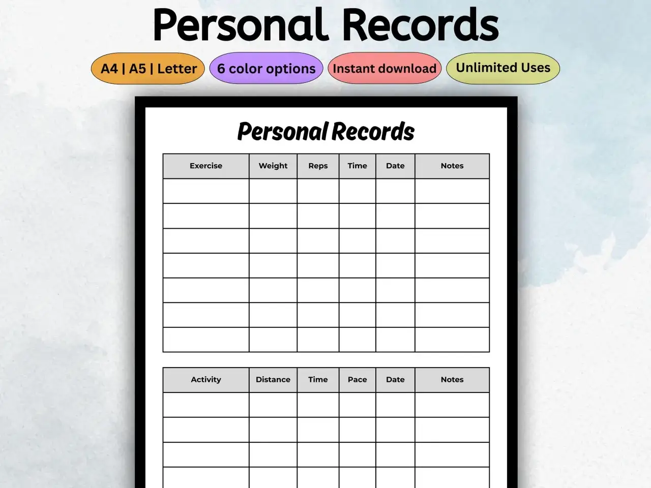 Foglio per registrare i progressi personali in palestra e attività fisica. Cosa significa PR? È il tuo record personale da battere!